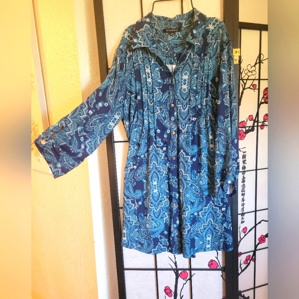 (Ships Free) Blue Paisley Button-Up Dress / Tunic